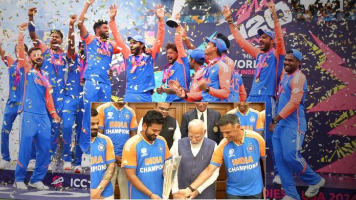 PM Modi laughs and jokes with cricketers, takes photo with T20 champions