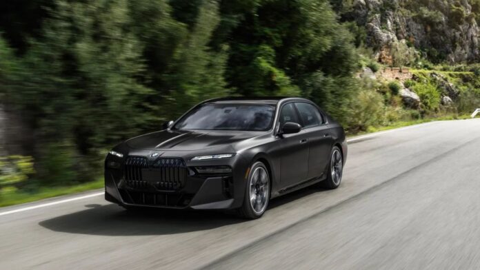 BMW 750e exterior with sleek lines and modern styling.