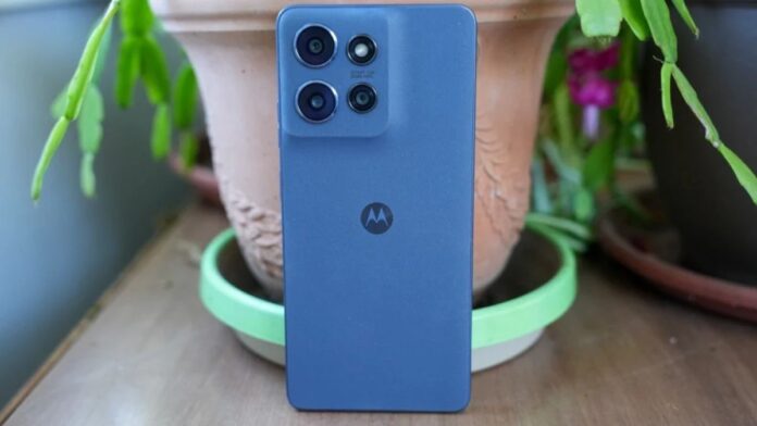 Motorola Moto G Power (2025) smartphone in blue, showcasing its sleek design and large display.